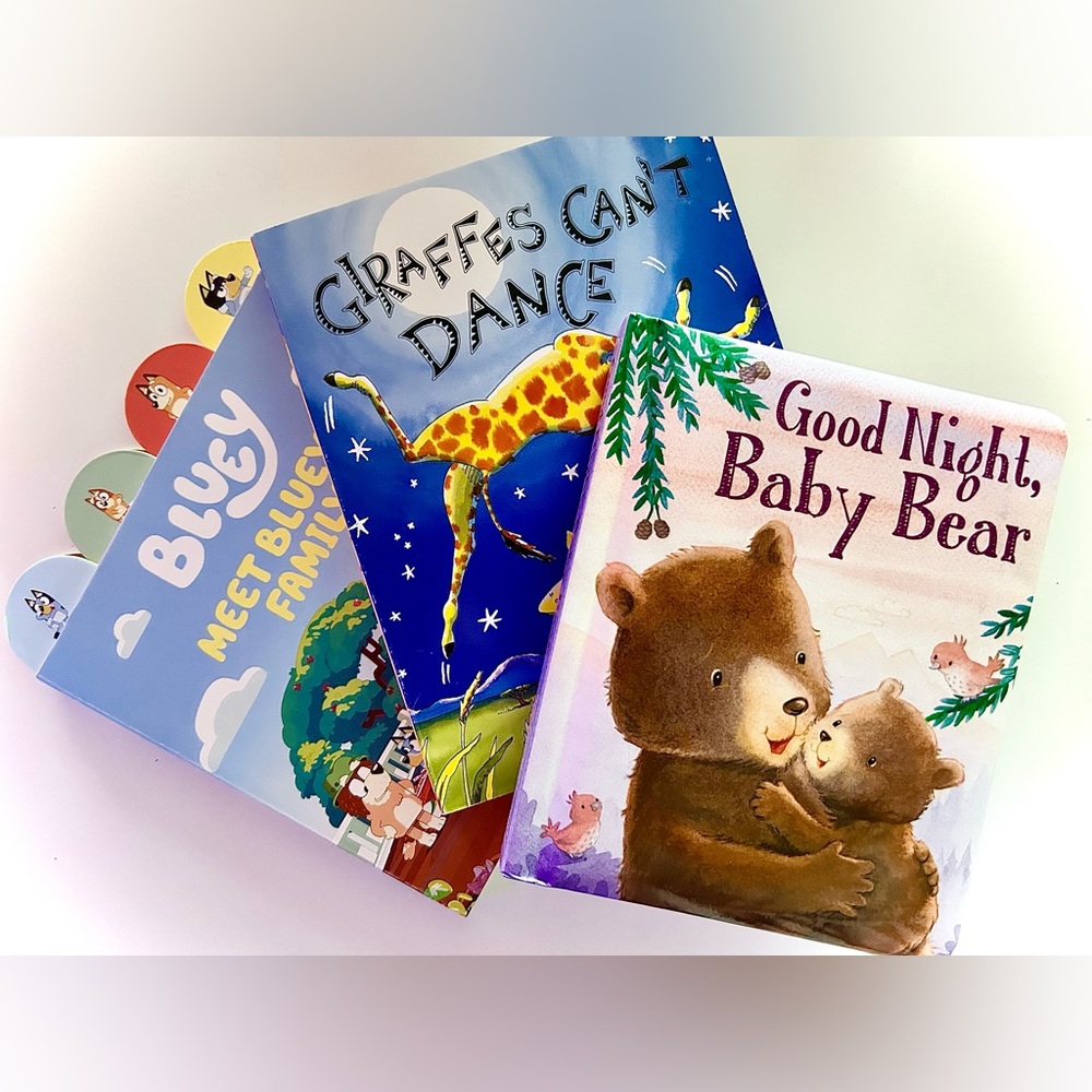 3 book bundle,Meet Bluey’s Family,Giraffes can’t dance, Goodnight Baby Bear, NEW